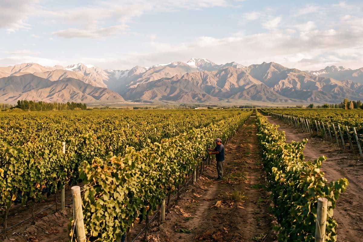 Worker tending vineyard rows in Mendoza, Argentina, with the snow-capped Andes foothills behind
