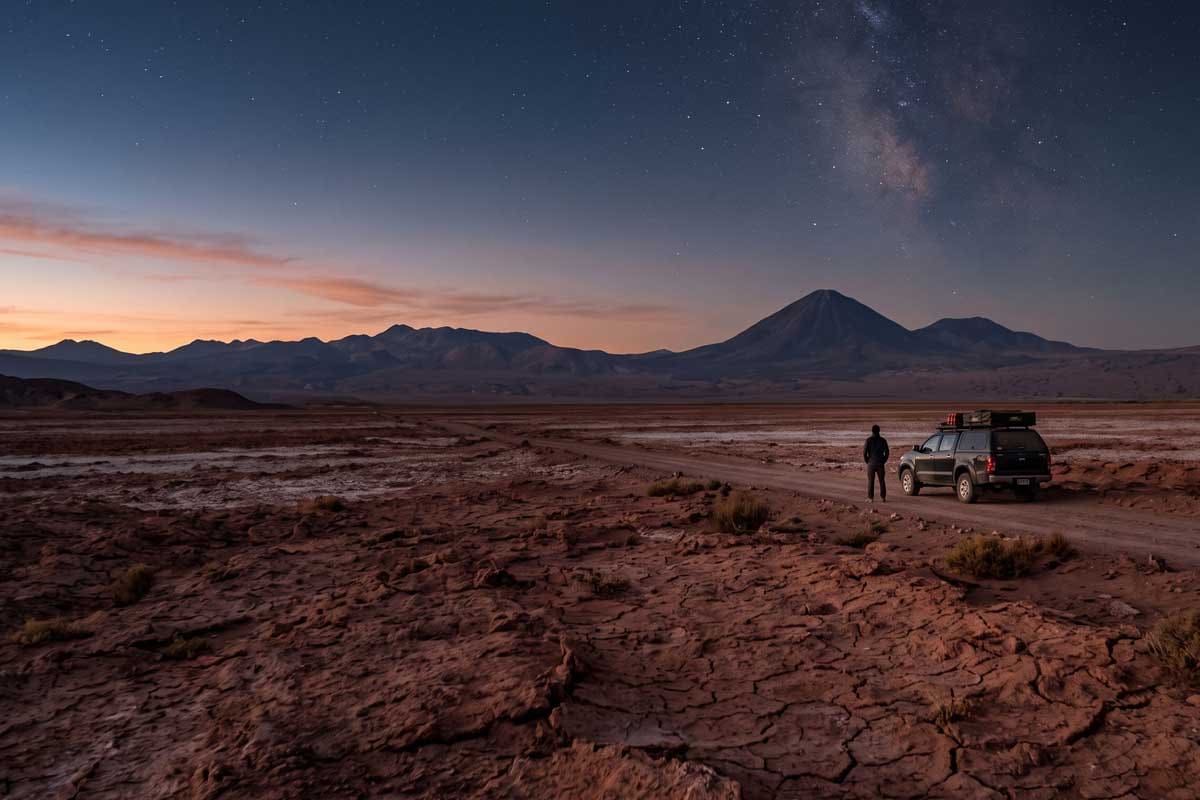 4x4 vehicle and traveler on a dirt track in the Atacama Desert at dusk, Milky Way and Licancabur volcano visible