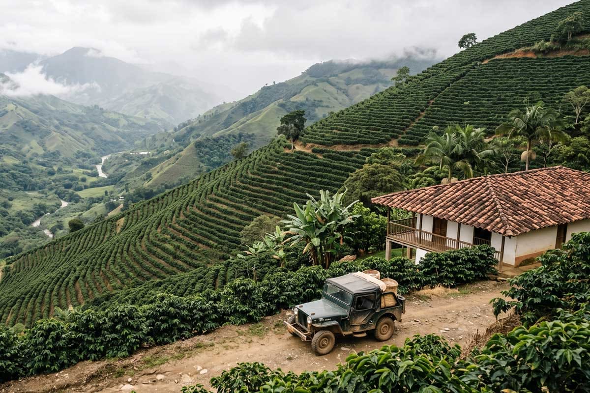 Jeep parked beside a traditional hacienda amid steep rows of coffee plants in Colombia's Eje Cafetero