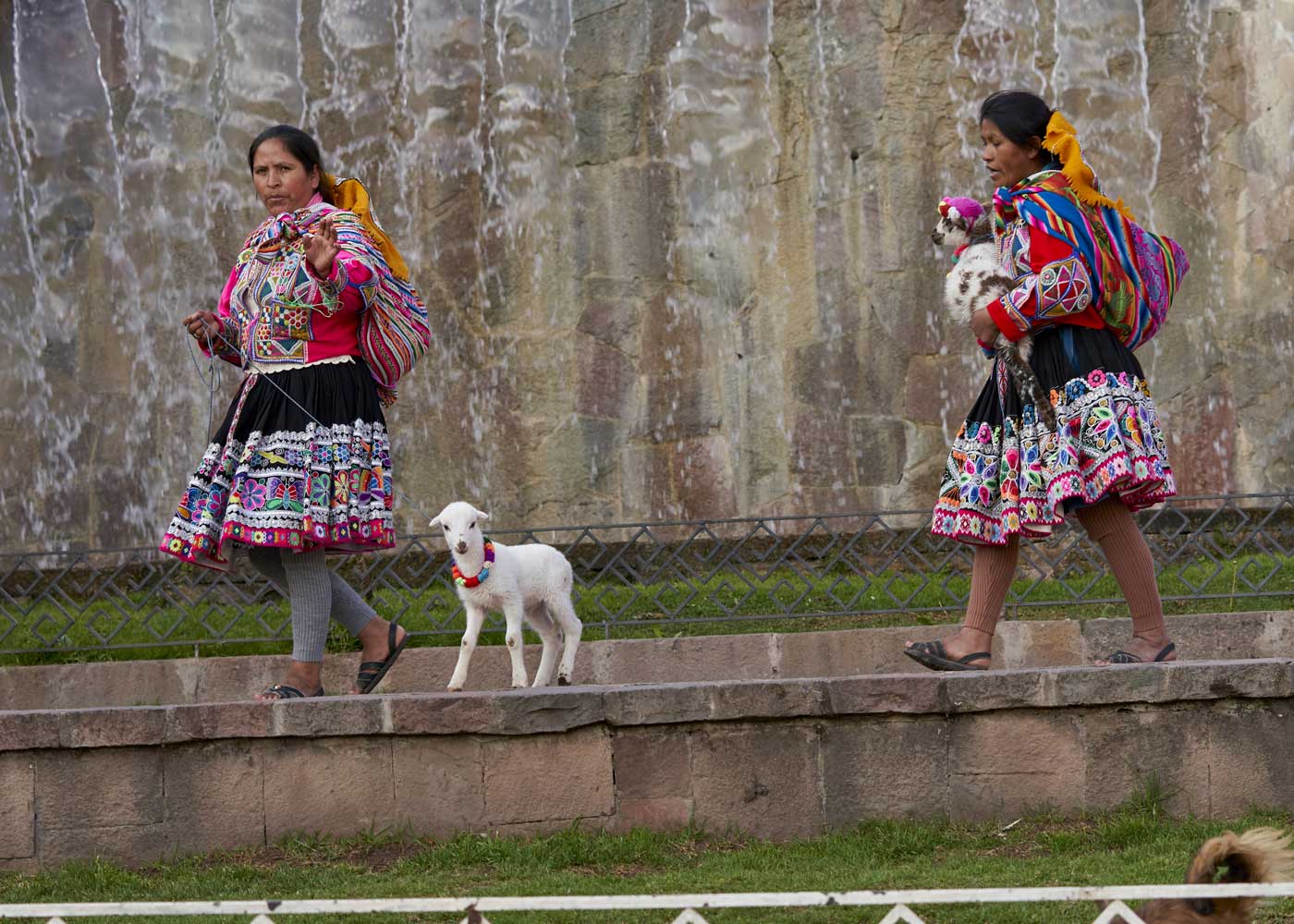 Andean women in traditional dress with a lamb beside a stone fountain in Cusco