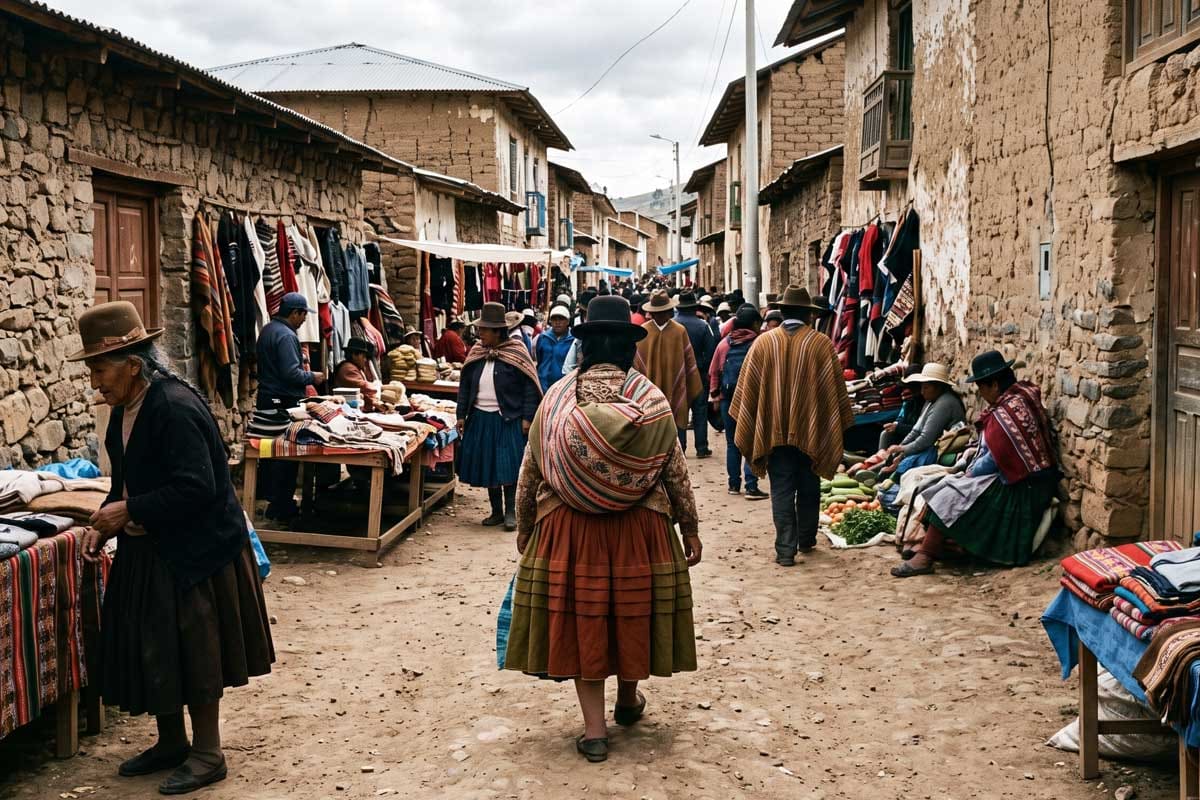 Andean highland market street lined with adobe buildings, vendors, and locals in traditional dress