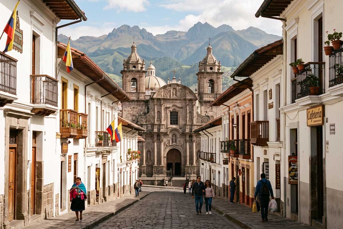Cobblestone street in Quito's colonial old town leading to a baroque church facade, Andean peaks behind