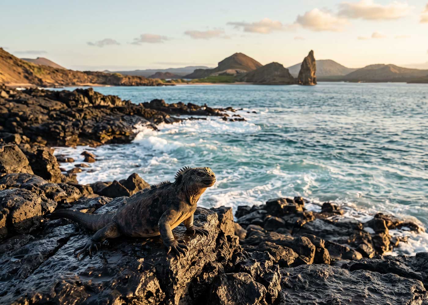Marine iguana resting on volcanic rock with Pinnacle Rock and the ocean in the background, Galapagos
