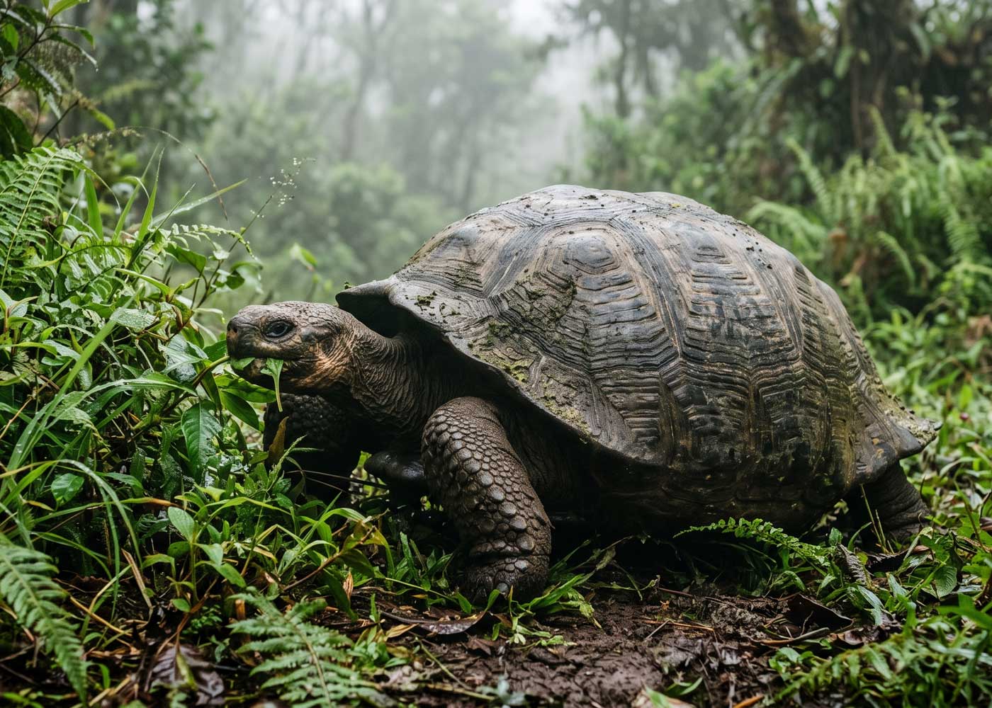 Galapagos giant tortoise foraging in misty highland vegetation