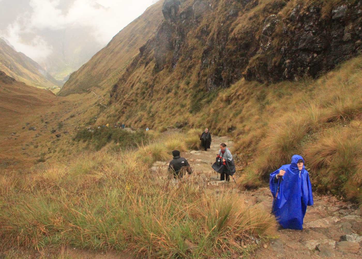 Hikers in rain gear descending a mountain trail beneath low clouds in the Peruvian Andes