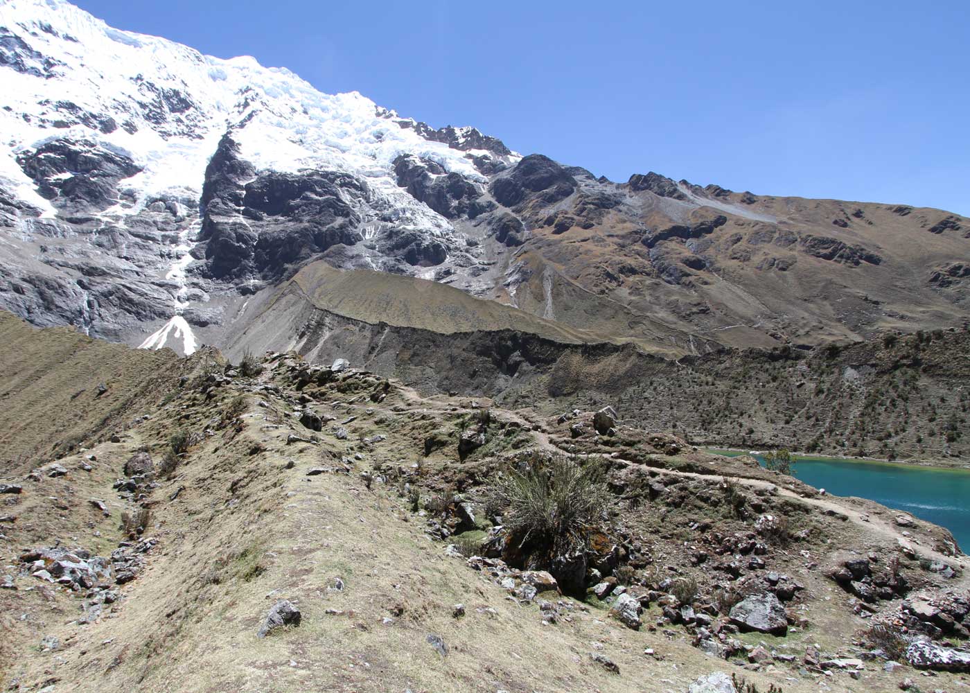 Snow-capped Salkantay glacier rising above a turquoise alpine lake