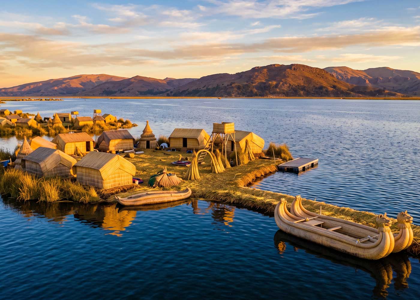 Uros floating reed islands on Lake Titicaca with reed houses and boats at golden hour