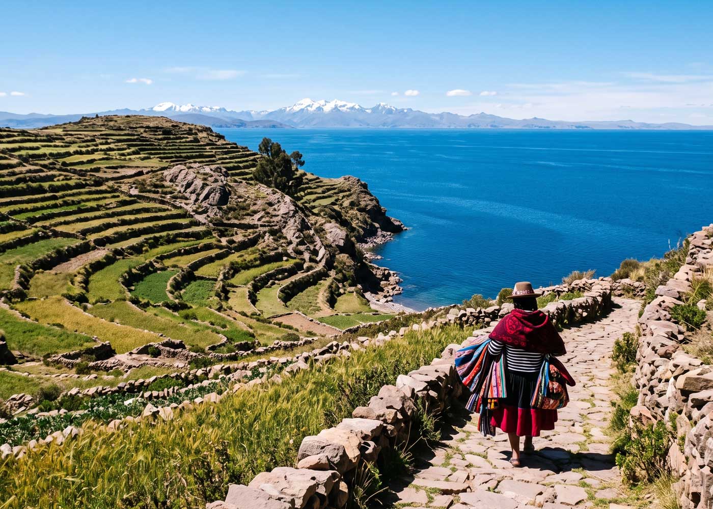Woman in traditional dress walking terraced fields above the blue waters of Lake Titicaca