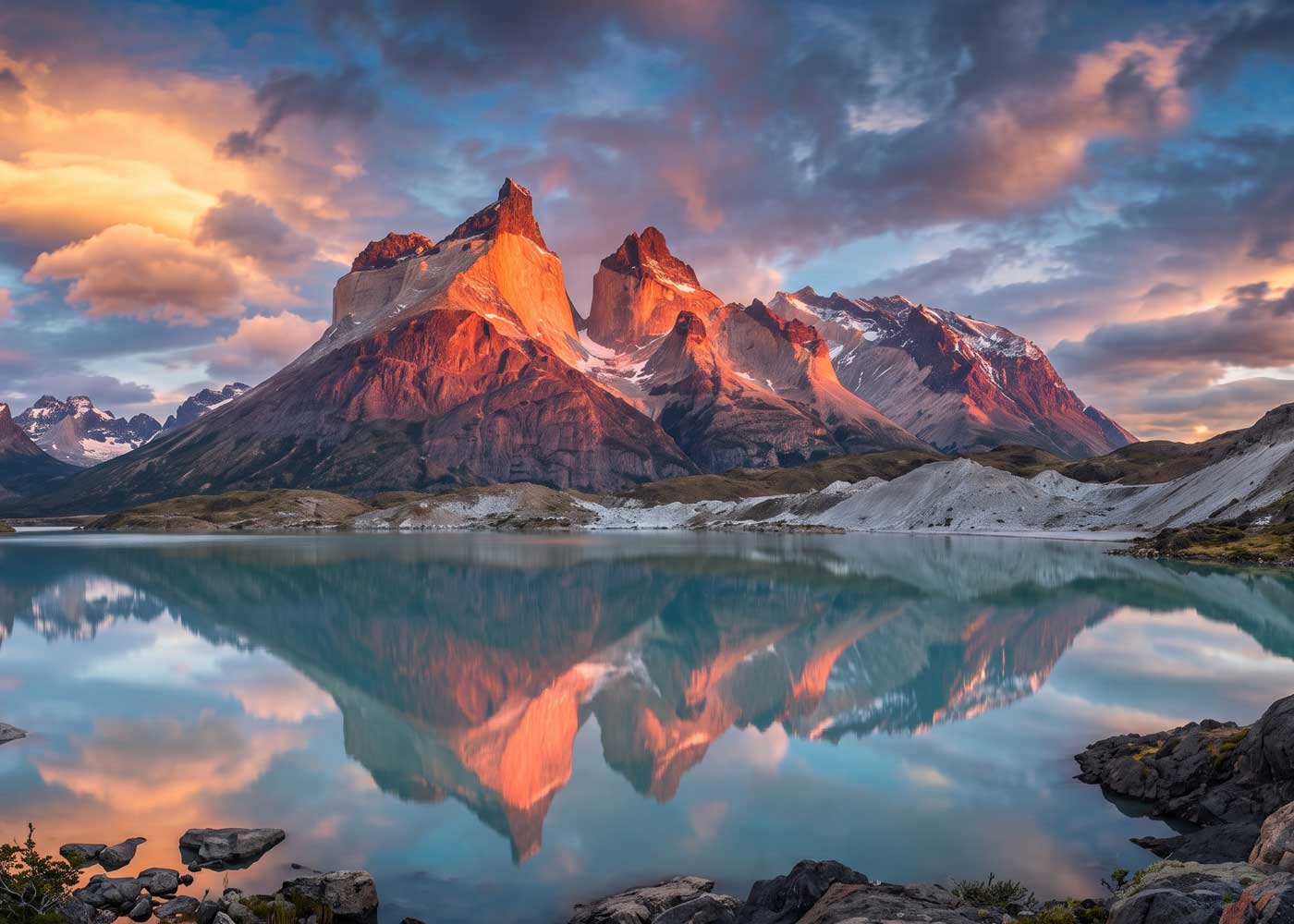 The granite Cuernos and Torres peaks of Torres del Paine glowing at sunset, reflected in an alpine lake