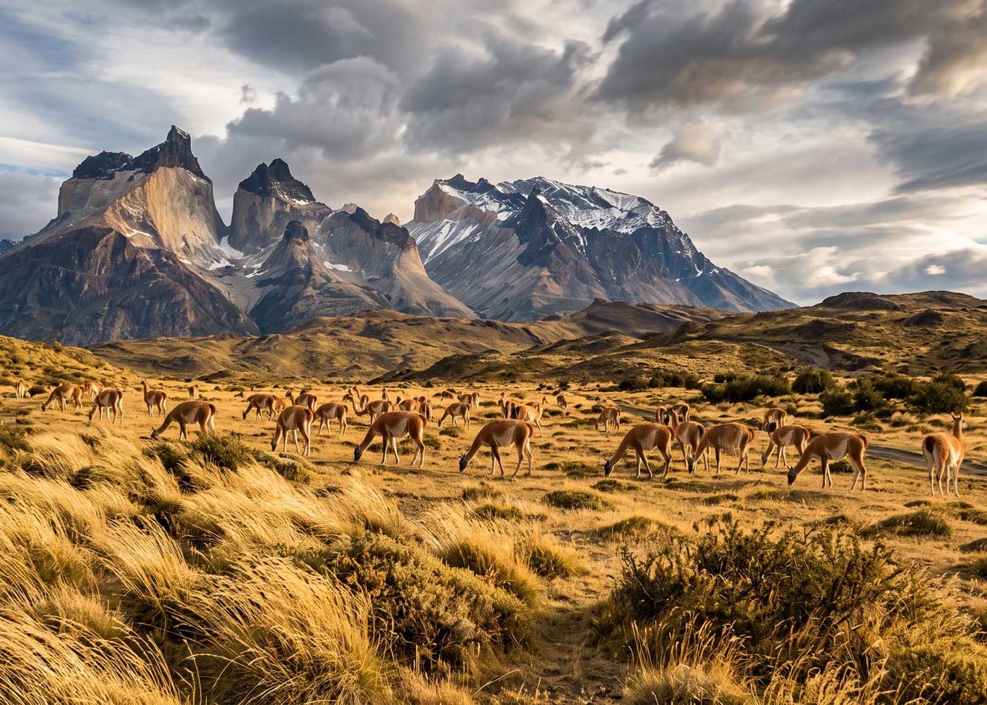 Guanacos grazing on the steppe beneath the granite Torres del Paine peaks