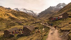 Andean trail through the Lares Valley past a traditional weaving village in Peru