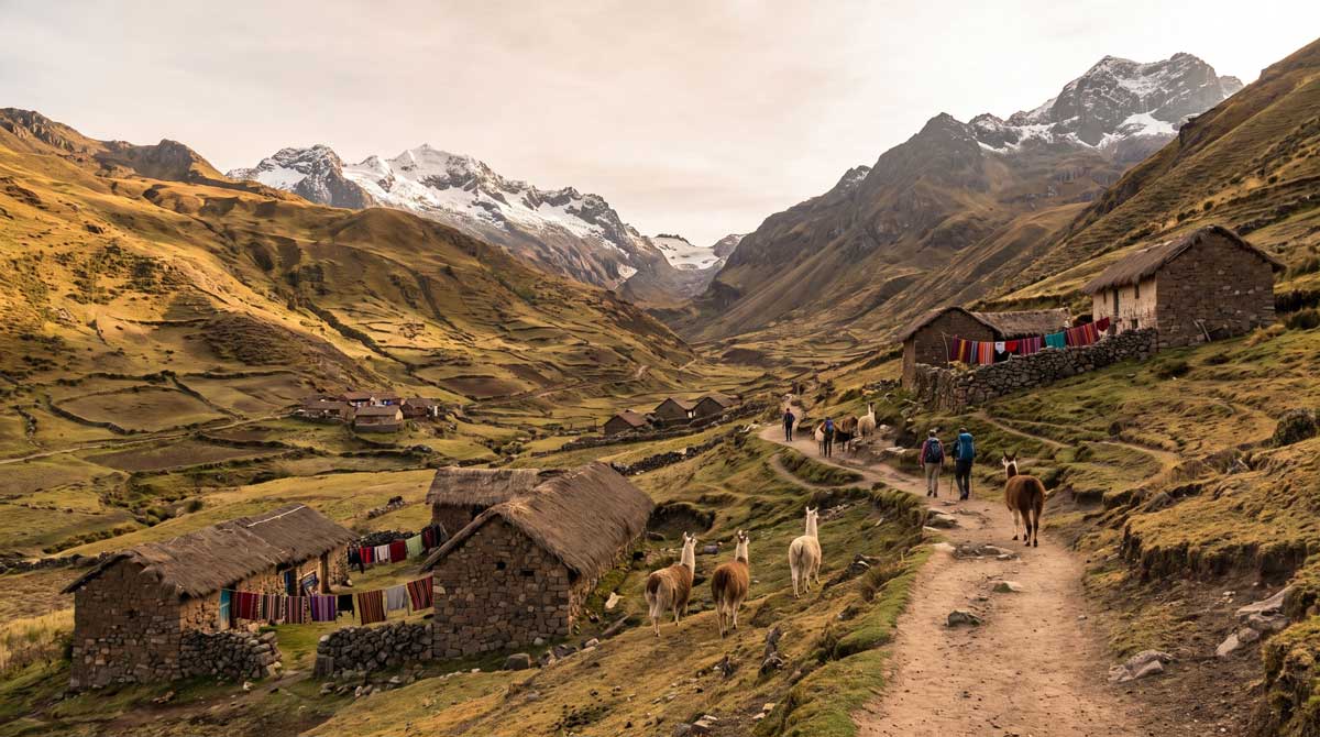 Andean trail through the Lares Valley past a traditional weaving village in Peru