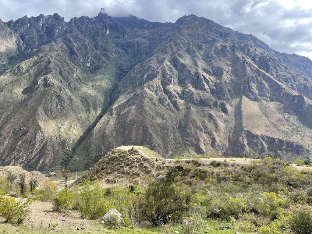 Dry, rocky mountain slopes above the Urubamba valley near Km 82, where the Classic Inca Trail starts
