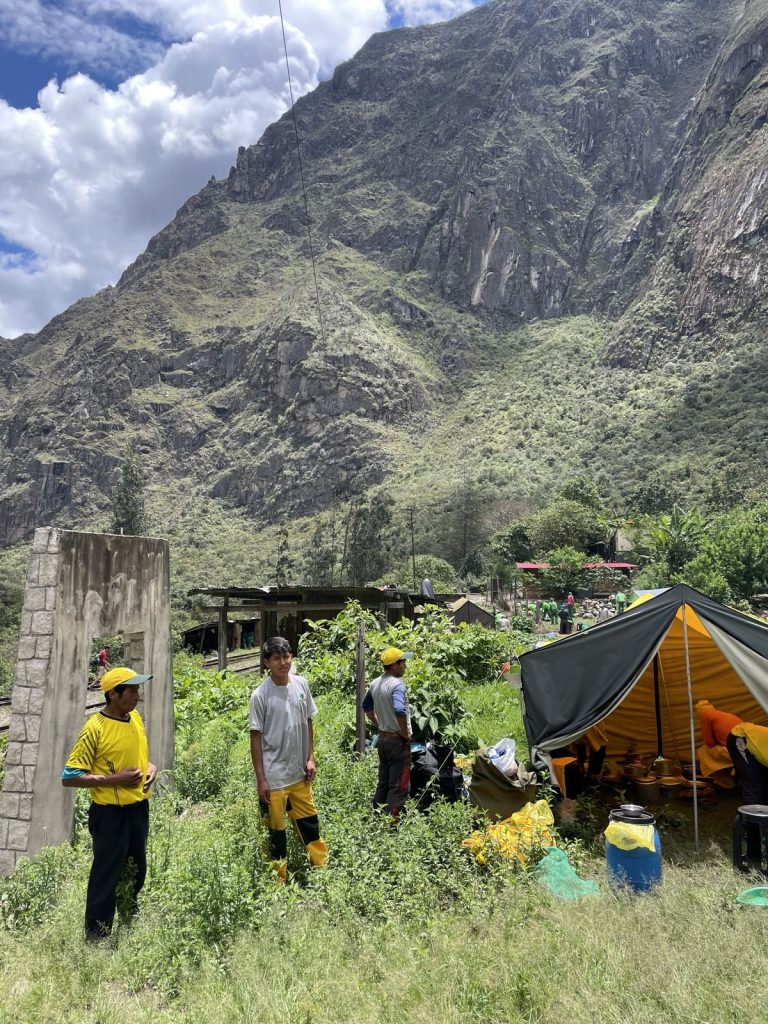 Porters setting up the lunch tent at a stop on the Inca Trail