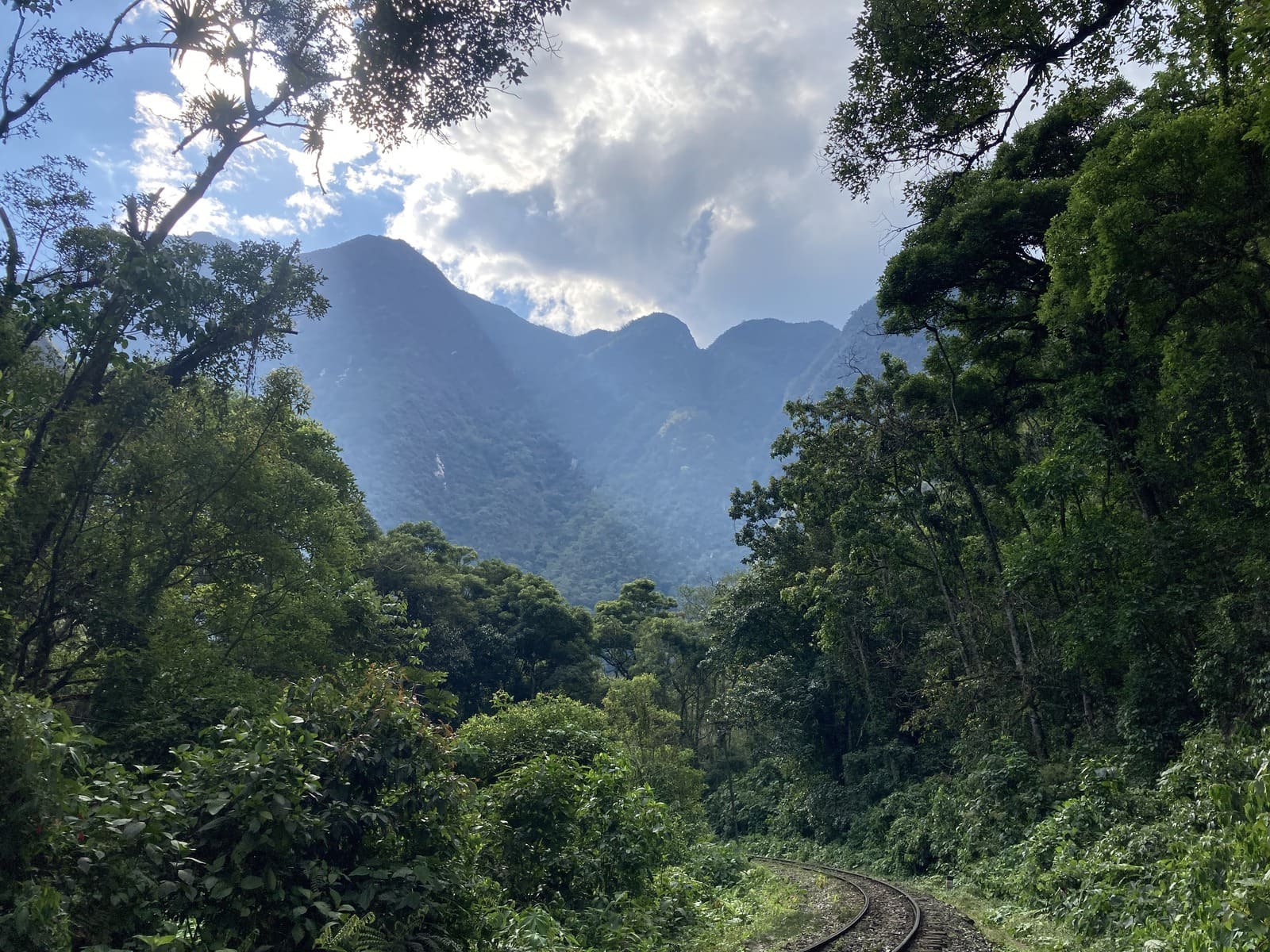 The railway to Aguas Calientes curving through cloud forest below steep green mountains