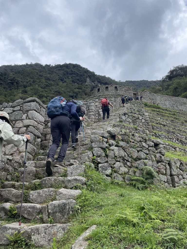 Trekkers with daypacks and poles climbing Inca stone steps beside terraces near Wiñay Wayna