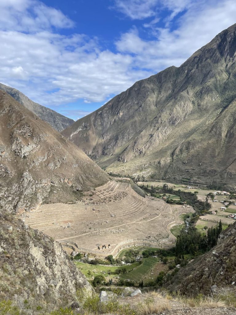 The Urubamba River winding past Inca terraces on the valley floor, seen from the Inca Trail near Km 82