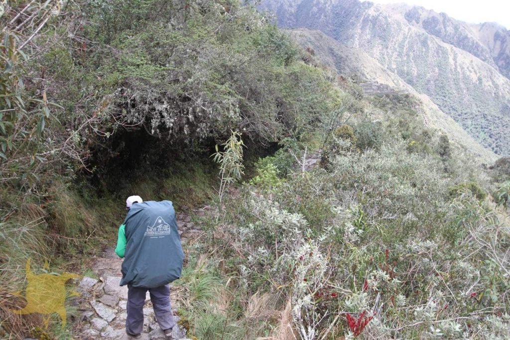 An Inca Trail Reservations porter carrying a covered load on the stone path, seen from behind